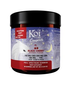 Koi CBD, Complete Full Spectrum CBD Gummies, Nighttime Rest, Black Cherry, 30ct, 300mg CBN + 150mg THC + 750mg CBD, close up,