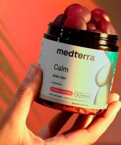 Medterra, Calm 25mg CBD+ Gummies, Strawberry Lemonade, Broad Spectrum THC-Free, 20ct, 500mg CBD, close up, available in Austr