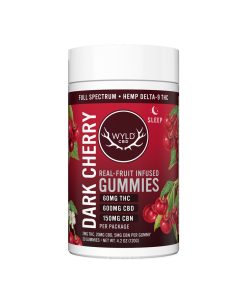 Wyld CBD, Dark Cherry Sleep CBD+THC Gummies, Full Spectrum, 30ct, 60mg THC + 150mg CBN + 600mg CBD, close up, available in Au