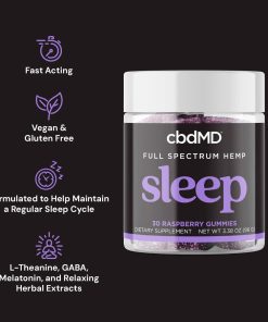 cbdMD, Sleep CBD Gummies, Raspberry, Full Spectrum, 30ct, 90mg THC + 600mg CBN + 1500mg CBD, available in Australia