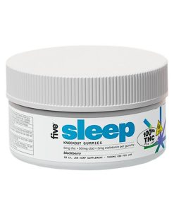 five, Knockout Sleep CBD+THC Melatonin Gummies, Blackberry, Full Spectrum, 20ct, 100mg THC + 1000mg CBD, packaging shown, ava